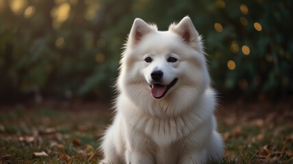 A fluffy white dog with blue eyes sits in a grassy field, smiling at the camera.