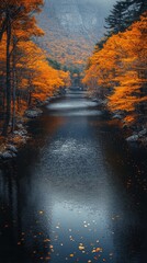 Autumn River Landscape With Fallen Leaves