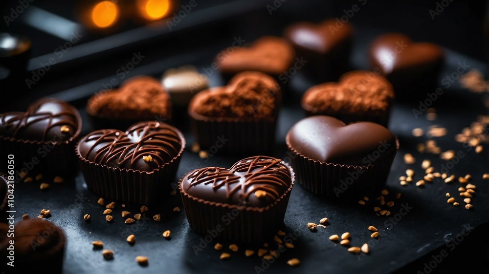 Wall mural aesthetic preparation of chocolate in heart shape on a black themed kitchen. bokeh style.