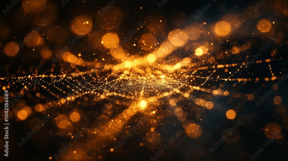 Poster Golden particles radiate and swirl against a dark backdrop, forming a mesmerizing wave of light that captivates the viewer with its movement and glow.