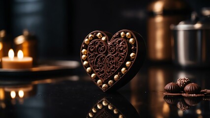 Aesthetic preparation of chocolate in heart shape on a black themed kitchen. bokeh style.
