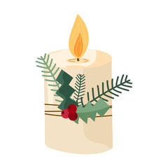 Сozy Christmas candle decorated with festive pine branches, holly leaves and red berries on white background. Cute traditional elements of family Christmas evening. For holiday decor, cards, postcards