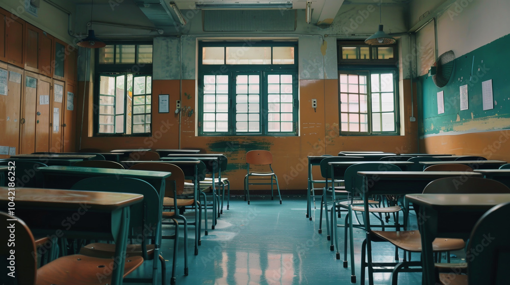 Aufkleber sunlight streams through large windows in an empty classroom filled with wooden desks, creating a ca