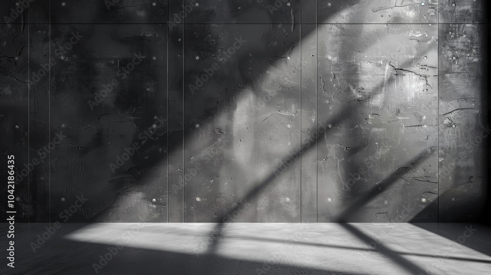 Poster sunlight streams through a window, casting dramatic shadows on a textured concrete wall, creating a 
