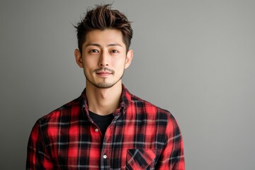 Fototapeta premium モデルが赤と黒のチェック柄シャツを着て微笑むスタジオでのポートレート