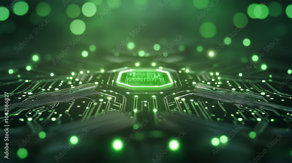 Poster a futuristic green circuit board glows with digital connections and intricate patterns, symbolizing 