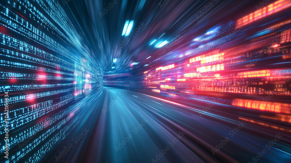 Poster a futuristic digital tunnel with vibrant blue and red lights, representing high-speed data transfer 