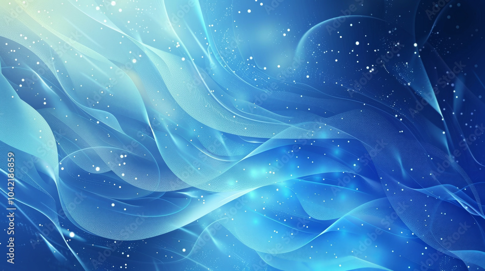 Poster the artwork showcases flowing blue waves that create a sense of tranquility, complemented by sparkli