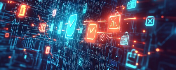 Obraz premium A group of hackers trying to break through a glowing wall of encrypted data, but constantly being blocked by security symbols