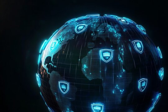 An abstract globe covered in glowing privacy shields, representing global data protection laws and regulations safeguarding personal information
