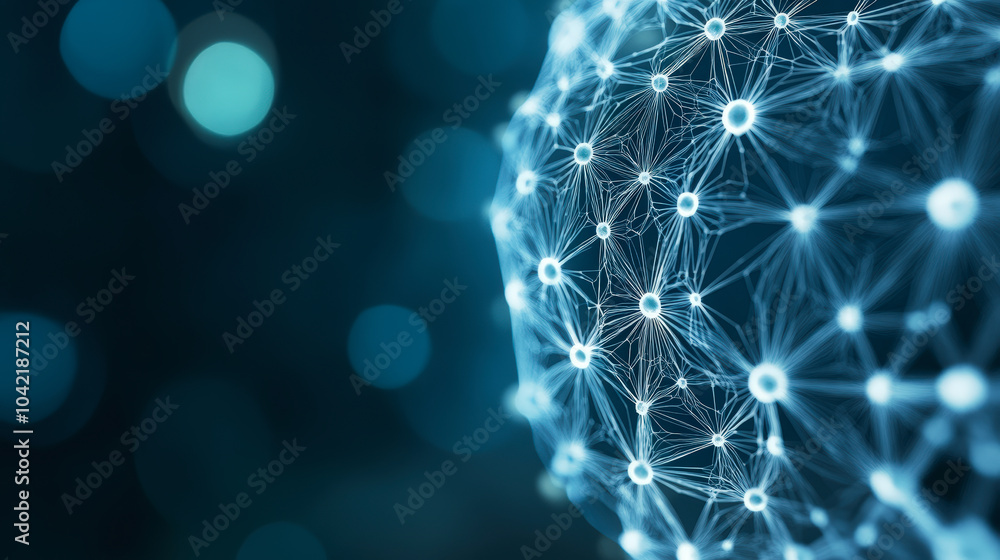 Poster a glowing network of interconnected nodes and lines, resembling a digital or neural web, set against