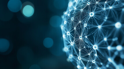 A glowing network of interconnected nodes and lines, resembling a digital or neural web, set against a blurred blue background.