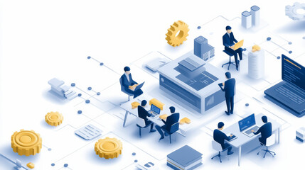 Isometric illustration of a digital workspace, featuring people collaborating with technology and data analytics. Includes elements like gears, laptops, and graphs.