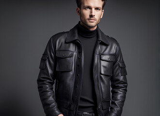 Obraz premium Heavy-Duty Black Leather Cargo Jacket with Modern Pockets