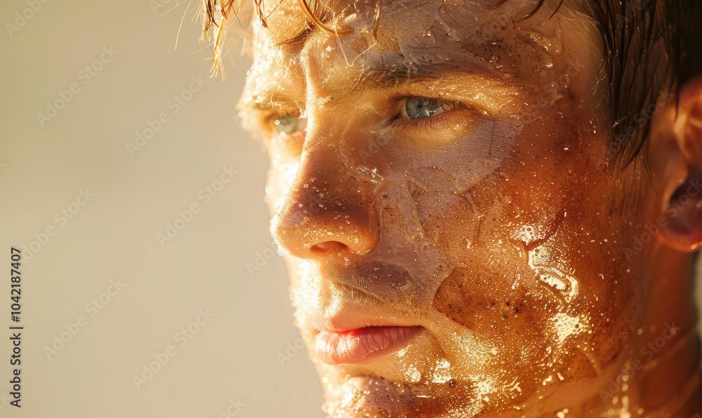 Wall mural close-up of a man’s face with skin damaged by sun exposure, highlighting texture and intense express