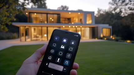 A photo of the exterior front view of a modern house with smart home features being controlled by someone holding their phone in one hand
