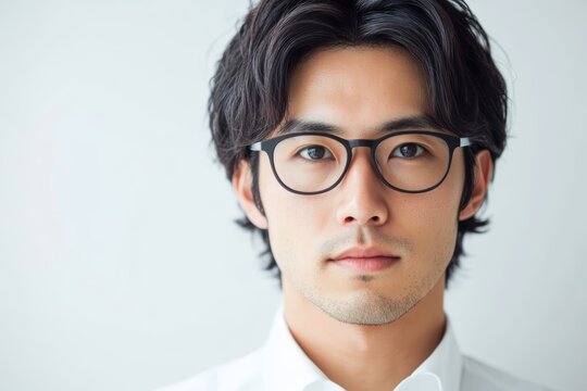 ビジネススーツを着たメガネの男性がカメラを見つめる大きな白い壁の前に立っている