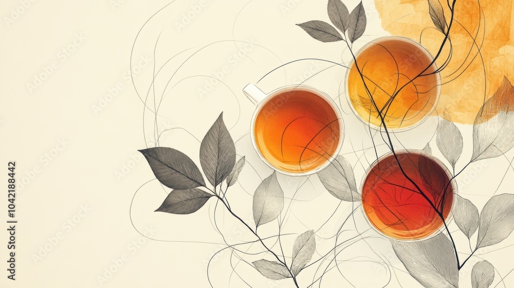 Poster this artwork features serene lines intertwining with vibrant tea cups and delicate leaves, showcasin