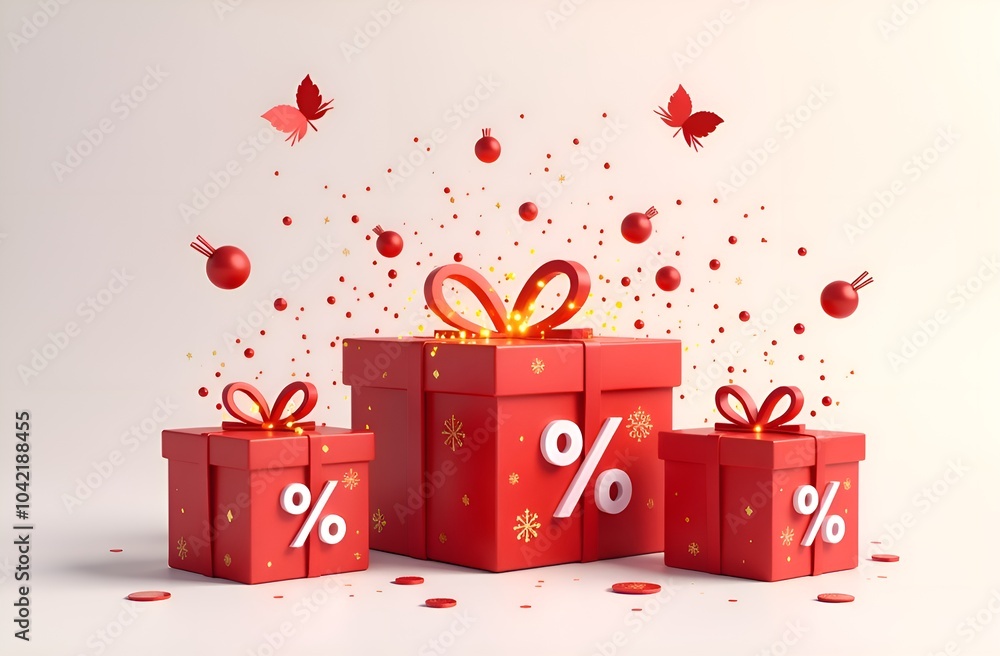 Wall mural red gift boxes with bows and percent symbol, on light background