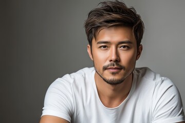Fototapeta premium シンプルなTシャツを着た男性がカメラを見つめるポートレート、スタジオでの撮影