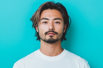 Obraz premium 青い背景の前でポーズをとる若い男性の静かな表情