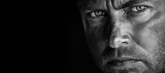 Dramatic black and white close-up of a determined man with intense gaze, AI generated