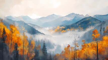 Fototapeta premium Autumn mountains with foggy peaks, surrounded by golden and orange trees, creating a peaceful and calming landscape ideal for seasonal photography.