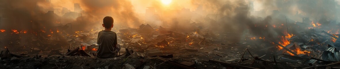 Young boy sitting amidst the ruins of a war-torn environment, staring at burning destruction. Free copy space for banner.