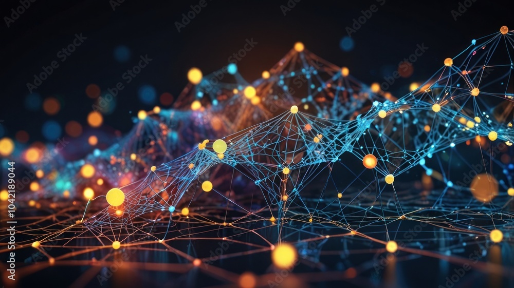Poster abstract digital network with glowing dots and lines in dark background.