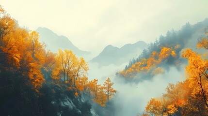 Autumn mountains with foggy peaks, surrounded by golden and orange trees, creating a peaceful and calming landscape ideal for seasonal photography.