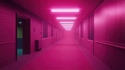 A long narrow empty corridor with closed doors along the walls. Apartments, wards or offices in a stylish modern building. Illustration for a cover, postcard, brochure or advertisement.