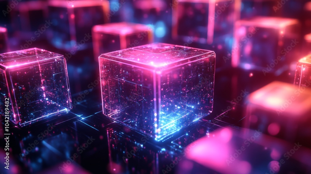 Aufkleber A collection of luminous blocks radiates bright colors in a modern digital environment, creating a mesmerizing visual display in a nighttime setting.