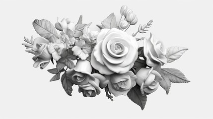 Monochrome floral arrangement isolated on white background.Condolence card. Condolence card. Blank space for text. Illustration for cover, card, postcard, brochure, advert or presentation.