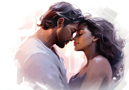 Handsome man hugging his sensual girlfriend. The spouses gently embrace each other. Couple in love. Romantic dance of a guy and a girl. Illustration for cover, card, interior design, decor or print.