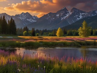Serene Mountain Landscape at Sunset with Vibrant Wildflowers by a Tranquil Lake and Majestic Snow-Capped Peaks