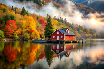 Fototapeta premium autumn landscape with lake and mountains house