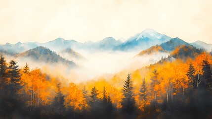 Obraz premium Fog rolling over the autumn mountains, with vibrant fall trees and mist-covered peaks, perfect for tranquil and atmospheric nature-themed stock imagery.