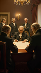 A depiction of the Founding Fathers gathered, engaged in dialogue as they draft the Declaration of Independence, for educational resources, history documentaries, and patriotic materials