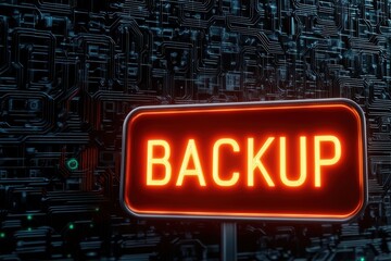 Fototapeta premium Backup neon sign on a digital circuit background, highlighting data protection.