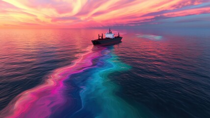 A vibrant ship sailing through colorful waves under a stunning sunset.