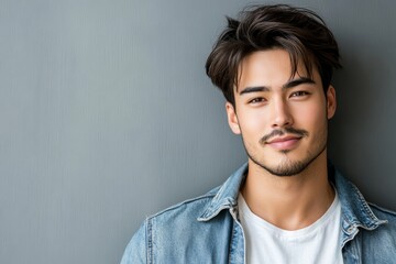 Obraz premium 若い男性がグレーの壁の前で微笑み、カジュアルな服装で自信を持ってポーズをとる様子