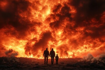 Fototapeta premium Silhouetted family facing fiery disaster in a dramatic sky.