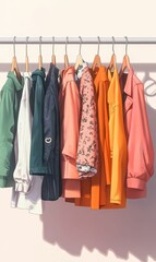 Colorful clothes hanging on hangers.