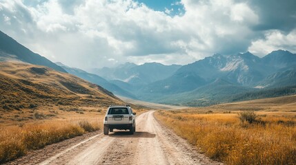 A white SUV drives down a dirt road through a vast, mountainous landscape.