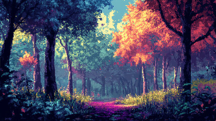 8-bit pixel art, dramatic forrest landscape