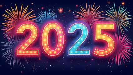 A vibrant New Year banner is depicted with a spectacular fireworks background created through colorful illustrations for the year 2025.
