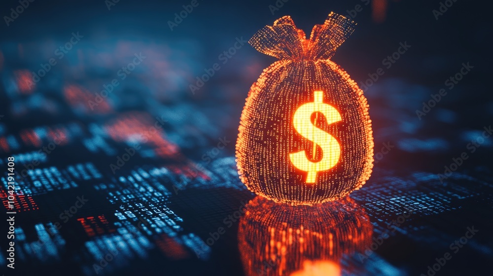 Poster a glowing digital moneybag with a prominent dollar sign floats against a backdrop of binary code, sy