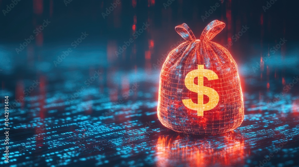 Poster a glowing digital moneybag with a prominent dollar sign floats against a backdrop of binary code, sy
