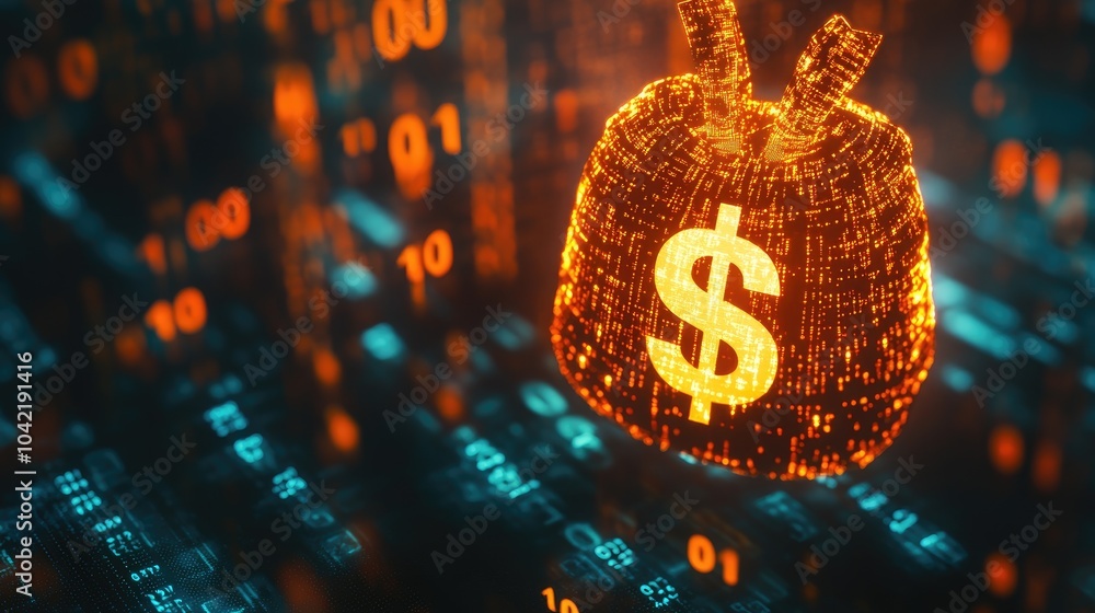 Poster a glowing digital moneybag with a prominent dollar sign floats against a backdrop of binary code, sy