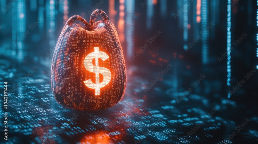 Poster a glowing digital moneybag with a prominent dollar sign floats against a backdrop of binary code, sy